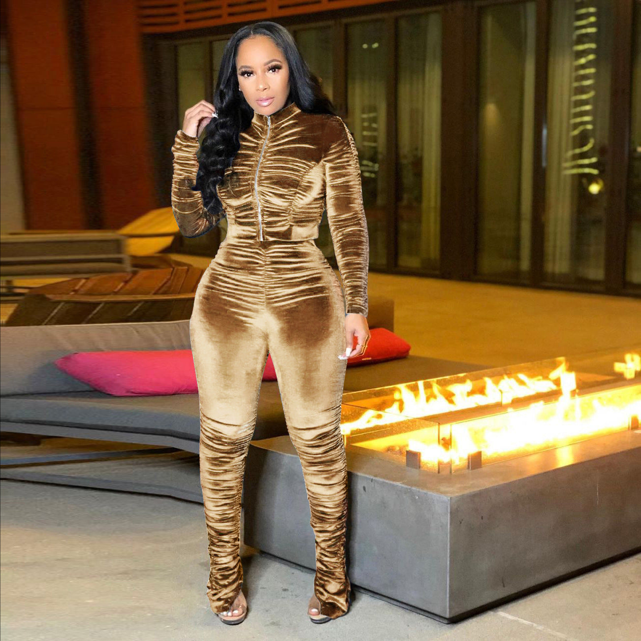 S390070  Independent Station Hot Sale Folded Two-piece Set, Women's Autumn and Winter Fashion Casual Suit