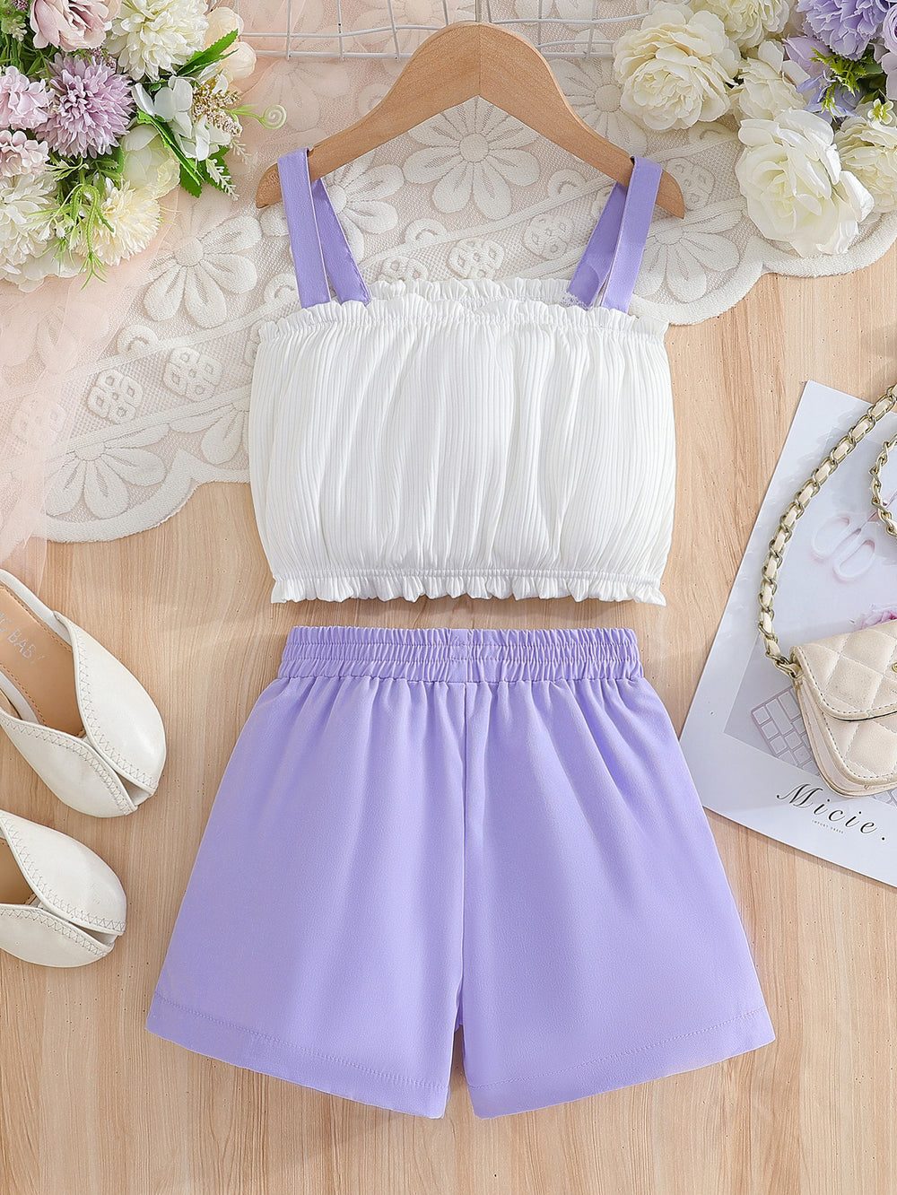 girls' summer cami set with lace and letter print, purple active shorts, kids' two-piece outfit for going out