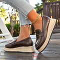 autumn new round-toe slip-on straw woven platform loafers - simple, versatile, chunky heel leather shoes