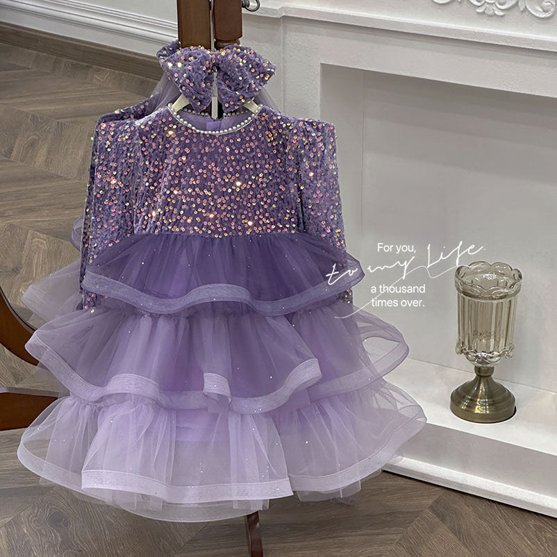 Girls' dress - spring  new collection: stylish and sophisticated purple performance gown for baby girls, princess dress for children