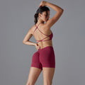 New seamless solid color criss-cross back high-elasticity compression sports bra and leggings set - perfect for running and fitness