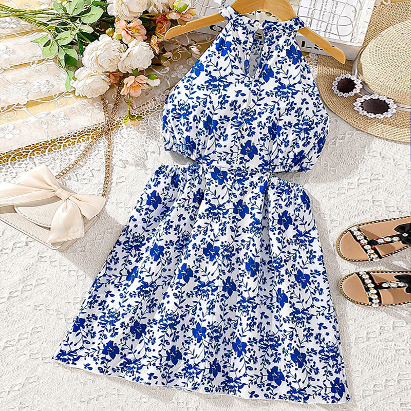summer romantic sweet country style floral dress - export quality, mid-to-large size, cutout waist tank dress for girls