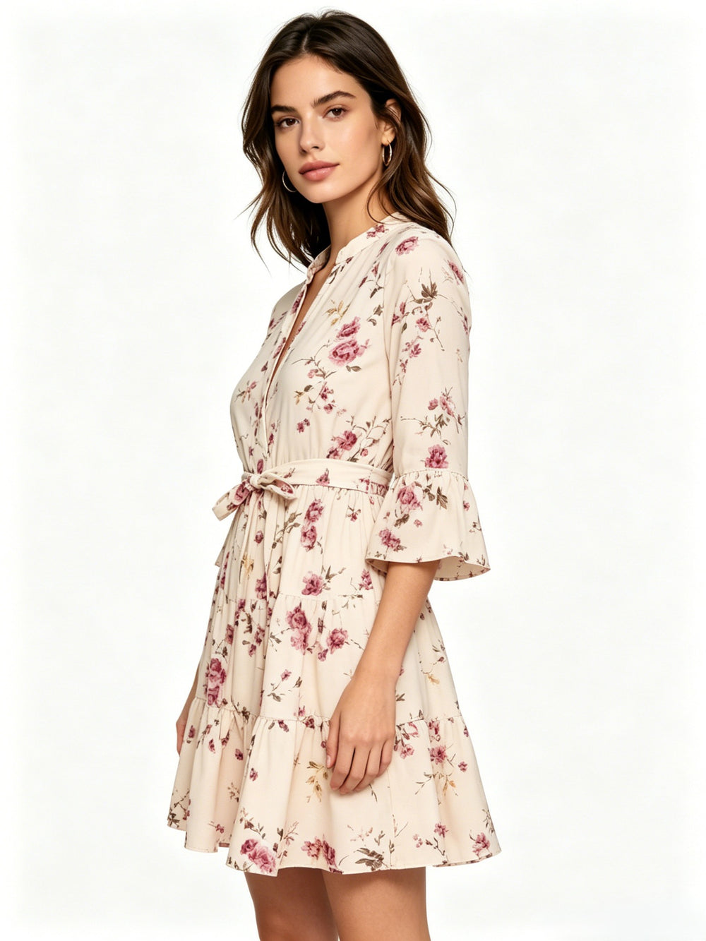 european and american new women's fashion printed three-quarter sleeve a-line pleated dress