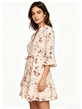 european and american new women's fashion printed three-quarter sleeve a-line pleated dress