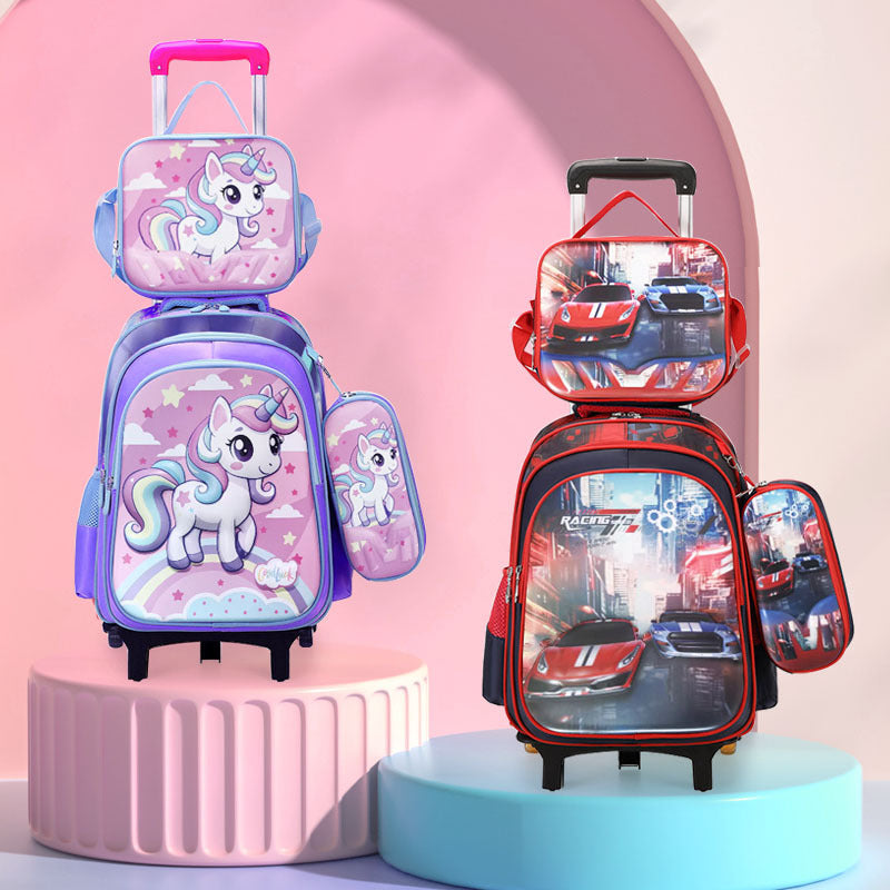 New arrival primary school students can be equipped with pull rod school bag lunch bag pencil bag three-piece set kids cute cartoon backpack