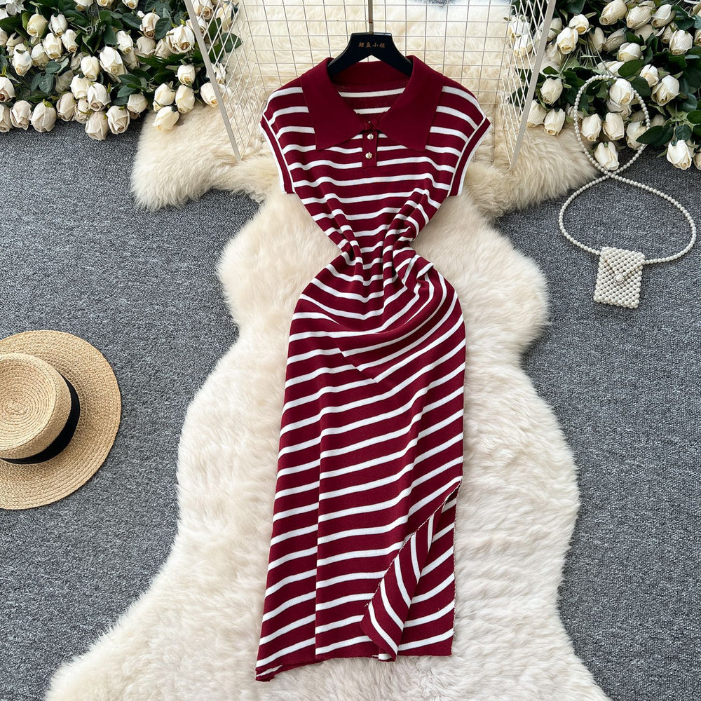 Korean chic summer dress: niche retro polo collar short sleeve striped midi dress - women's slim fit, elegant slit design
