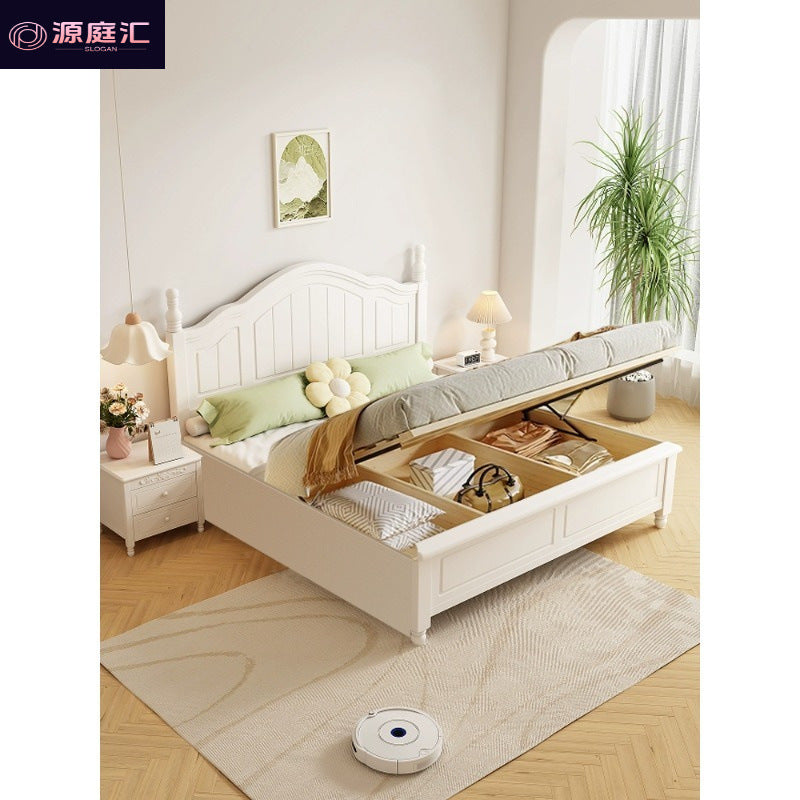 Scandinavianwhite solid wood bed modern casual cream style grids 1.8m double bed 1.5 master bedroom storage princess bed