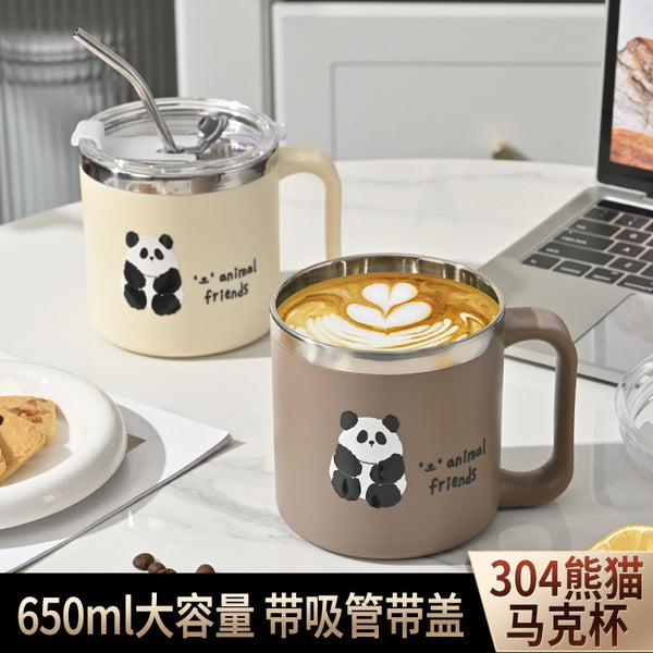 304 panda mug home office coffee cup high value with straw and lid tea cup drinking cup