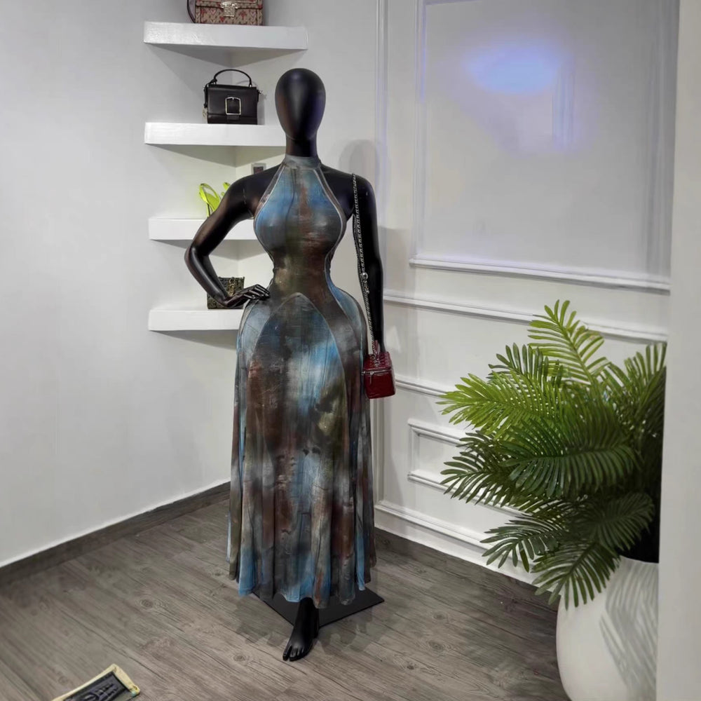 European and american cross-border women's fashion:  summer new arrival - elegant halter neck slim-fit printed gradient sleeveless dress