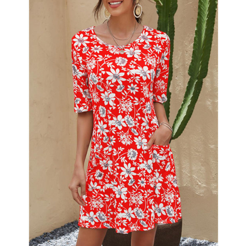 2025 summer european and american cross-border women's fashion: amazon ebay round neck printed plus size short sleeve dress with cinched waist