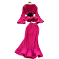 Feminine outfit with sense of design, western style, strappy waist, flared sleeves, pleated tops, high waist, hip-covering fishtail skirt