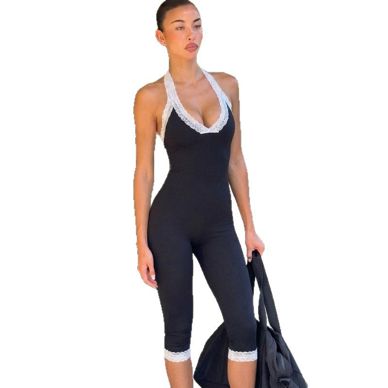 Women's foreign trade summer  new fashion lace trim low-cut bodycon sexy lace-up backless jumpsuit