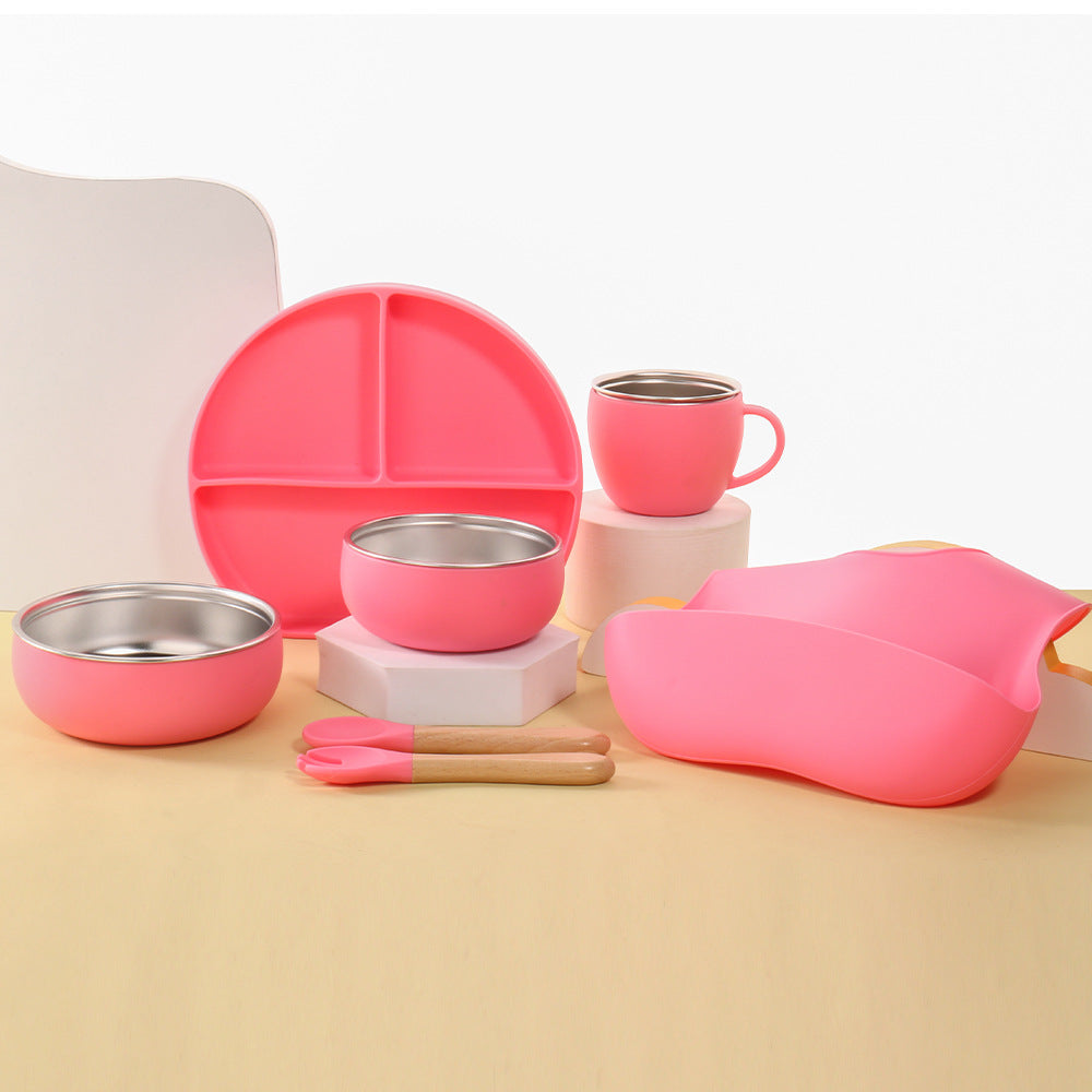 Children's stainless steel 304 silicone tableware set Baby feeding bib Wooden handle Fork spoon Plate bowl Cup 7-piece set