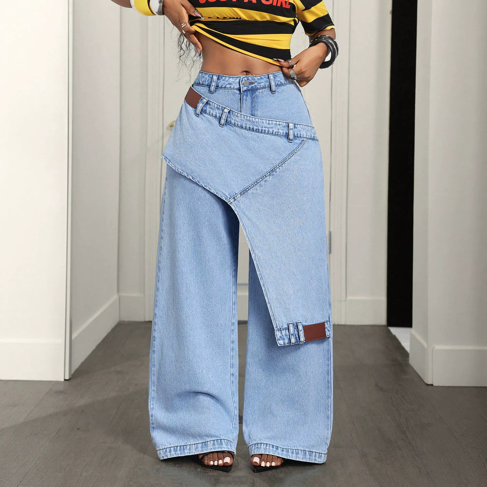 X-pre-sale-66703# cross-border fake two-piece casual versatile straight-leg women's jeans pants
