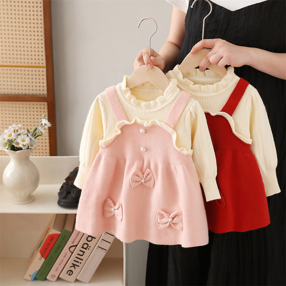 Girls' knit dress - new autumn/winter  collection - bow detail christmas dress - children's dress