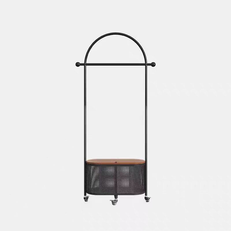 Bedroom floor-standing secondary net clothes hanger, small clothes hanger with dirty clothes basket, movable coat rack, round frame black