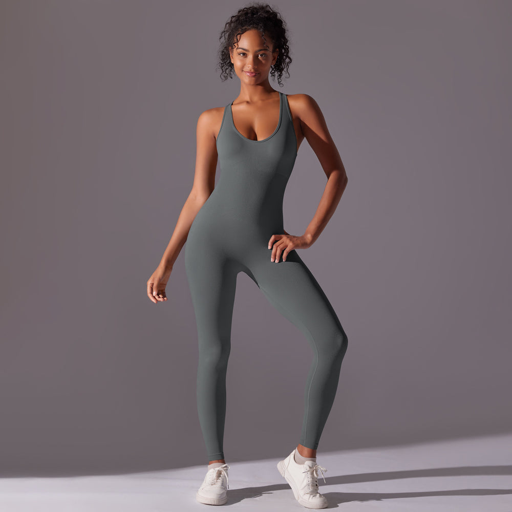New arrivalfashion tight pure colorall-in-one jumpsuit aerial back yoga wear seamless breathable long jumpsuit