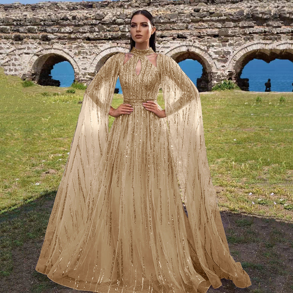 new spring/summer cross-border fashion: european and american style elegant mesh maxi dress with tassel and sequin evening gown