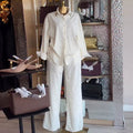 European and american cross-border women's fashion:  autumn new collection - stylish turn-down collar, rhinestone-embellished long sleeve blouse and wide-leg trousers casual set