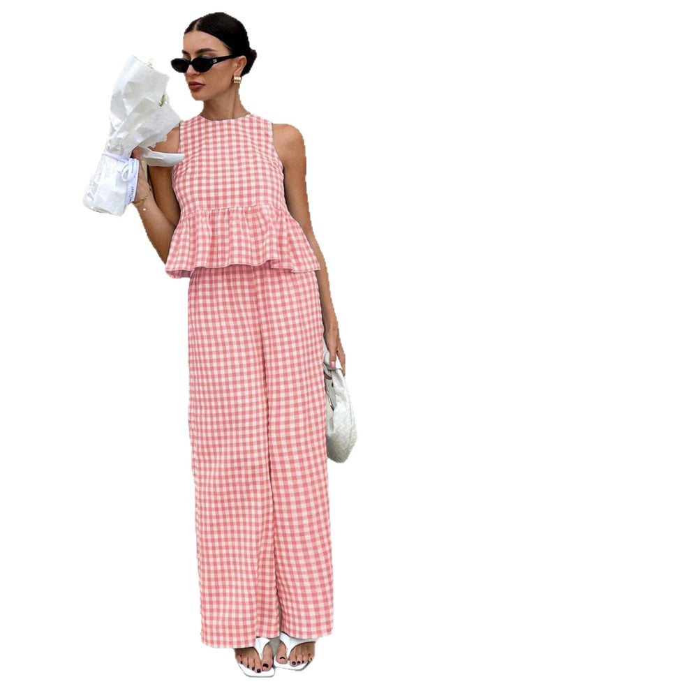 cross-border fashion: european & american  style - sleeveless round neck ruffle hem top with high-waisted straight-leg pants