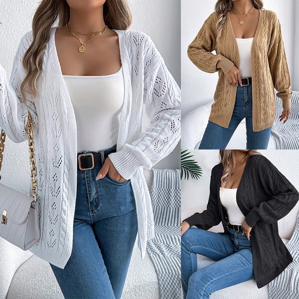 Real shot 2025 autumn and winter European and American casual solid color hollow long-sleeved cardigan sweater jacket,   women's clothing