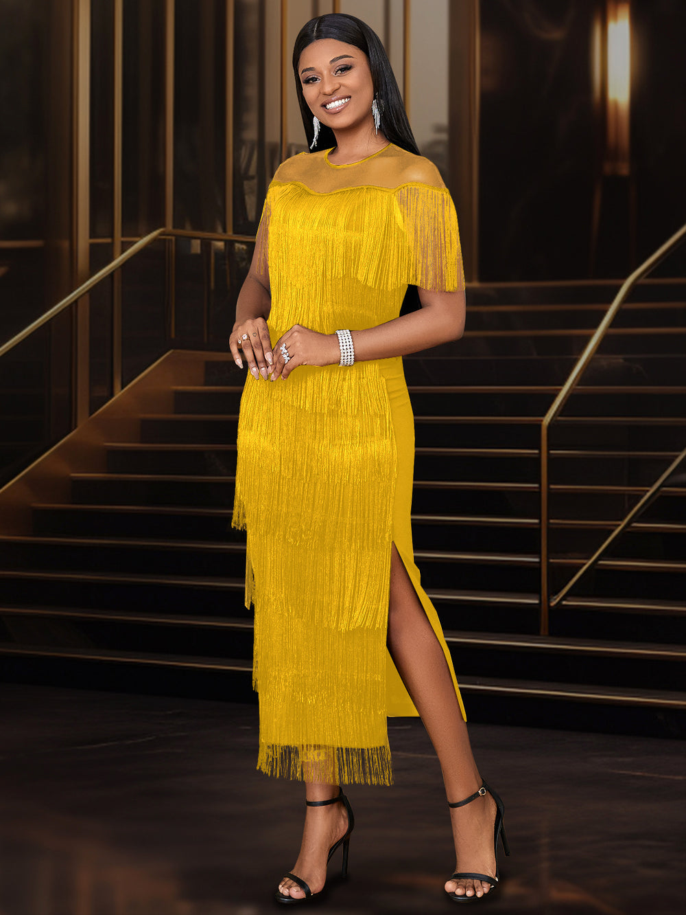 Am210516 mesh patchwork tassel high waist plus size slim fit casual bodycon dress - women's dress