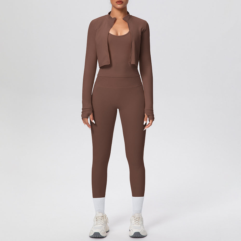 brushed tight drawstring halter vest nine-point long three-piece set sports running fitness yoga suit