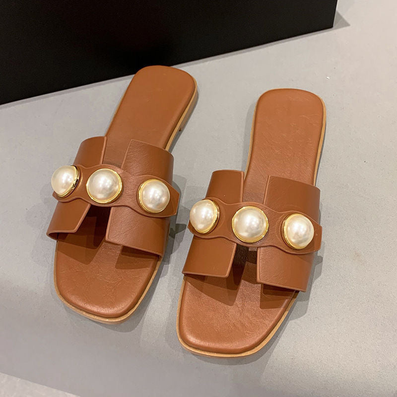 Fashionexportplus size pearl cut out flip-flops women's cross-border wear casual lightweight low-heeled square-toe sandals