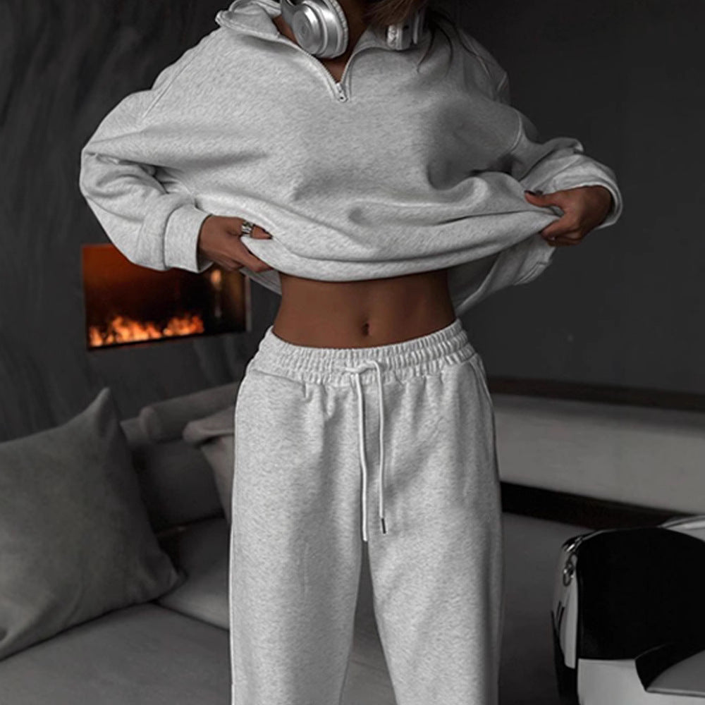 Cross-border independent station casual women's clothing fashion semi-turtleneck long-sleeved sweater sweatpants set loose solid color two-piece set women