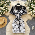 High-end women's summer dress - french vintage v-neck lantern sleeve, heavily embroidered mesh, cinched waist, puff sleeve dress