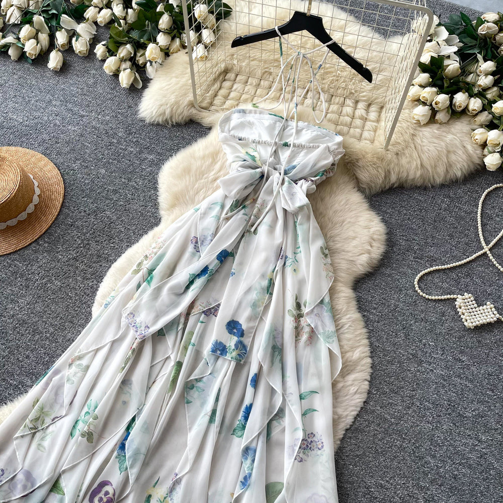 Vacation style halter floral backlessdress women's summerrufflesasymmetrical sleeveless fairy waist long skirt