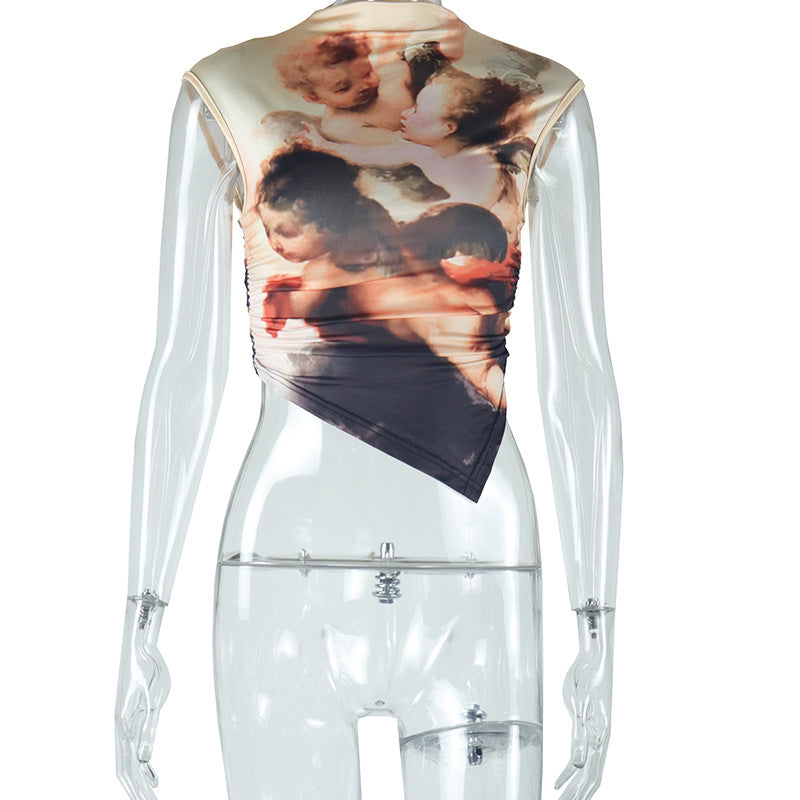 Fashioninsexport women's fashion angel printing t-shirt pullover sleeveless asymmetrical tops trendy women's one piece dropshipping