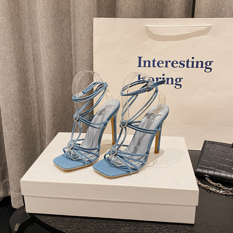 2025 summer rhinestone-embellished heart strap high heel mules - versatile square toe sandals with a wine glass heel