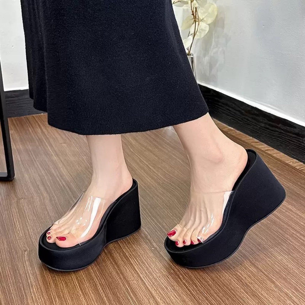Height increasing thick sole half slippers high heel sandals new arrival women's shoes crystal wedge transparent one-line slippers women