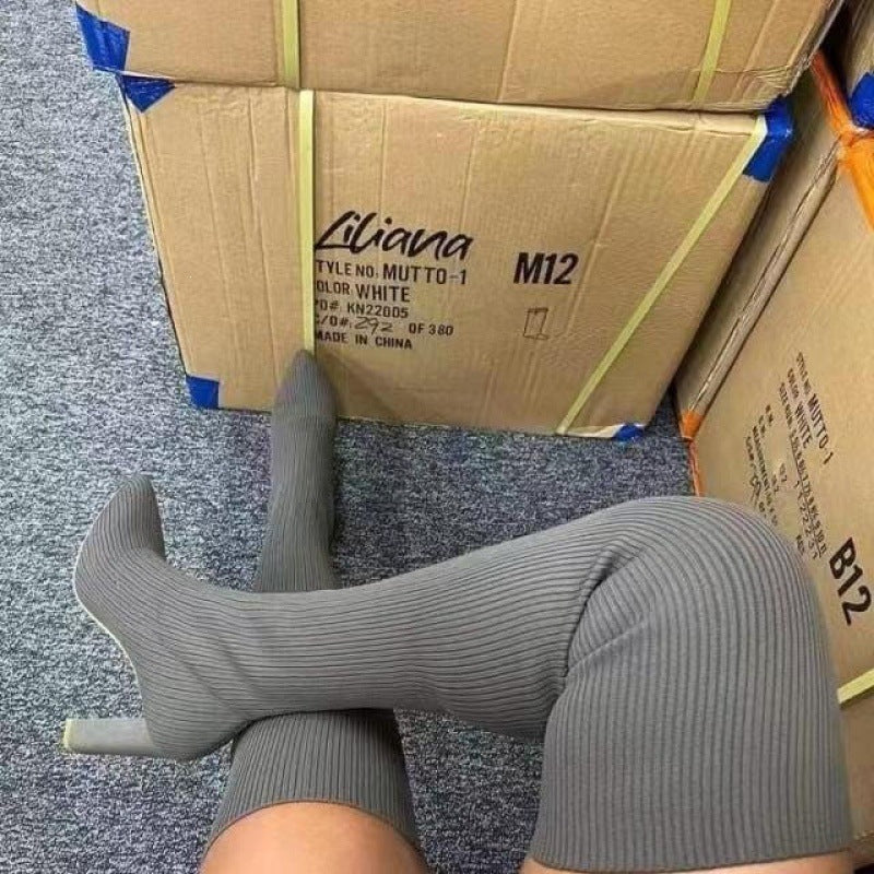 Autumn winter pointed toe thick heel knitting over-the-knee boots women's fashion cross-border exportplus size elastic wool socks boots