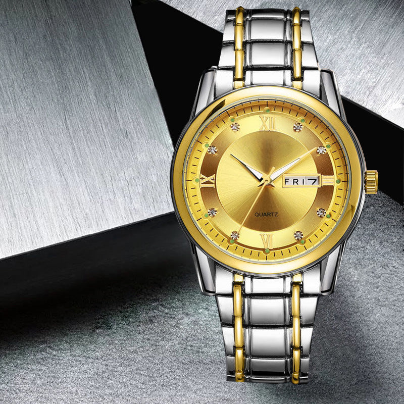 【tv shopping hot pick】diamond-accented stainless steel quartz watch - wholesale for men, dual calendar, luminous, suitable for women, couple's style