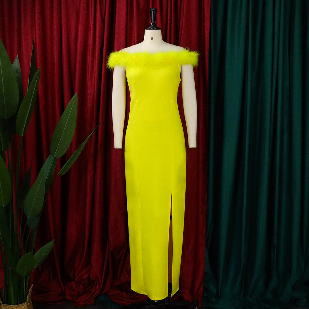D285 cross-border women's fashion  new european and american style feather evening gown dress, socialite european and american maxi dress