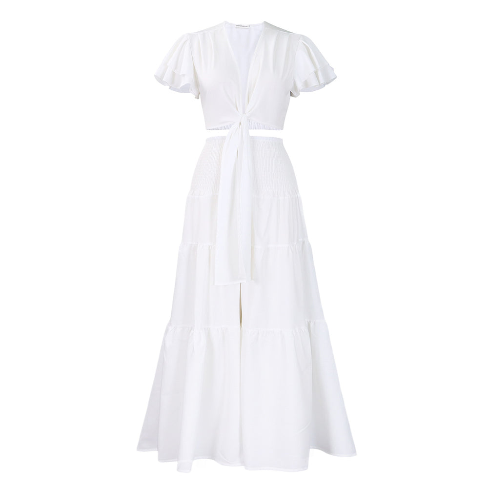 C8586   new short-sleeve tie-up top and wide-leg pants plus size two-piece set - cross-border e-commerce outfit