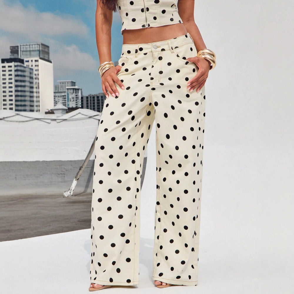 Women's off-white polka dot print high-waisted wide-leg denim pants - hot girl style casual trousers - new  collection