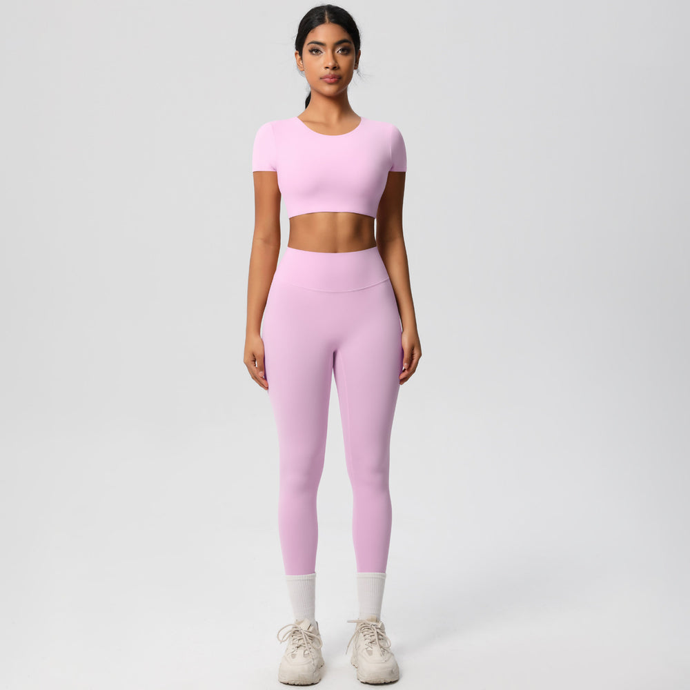 European and american nude feel compression quick-dry short sleeve yoga set outdoor casual training fitness apparel running sports set for women