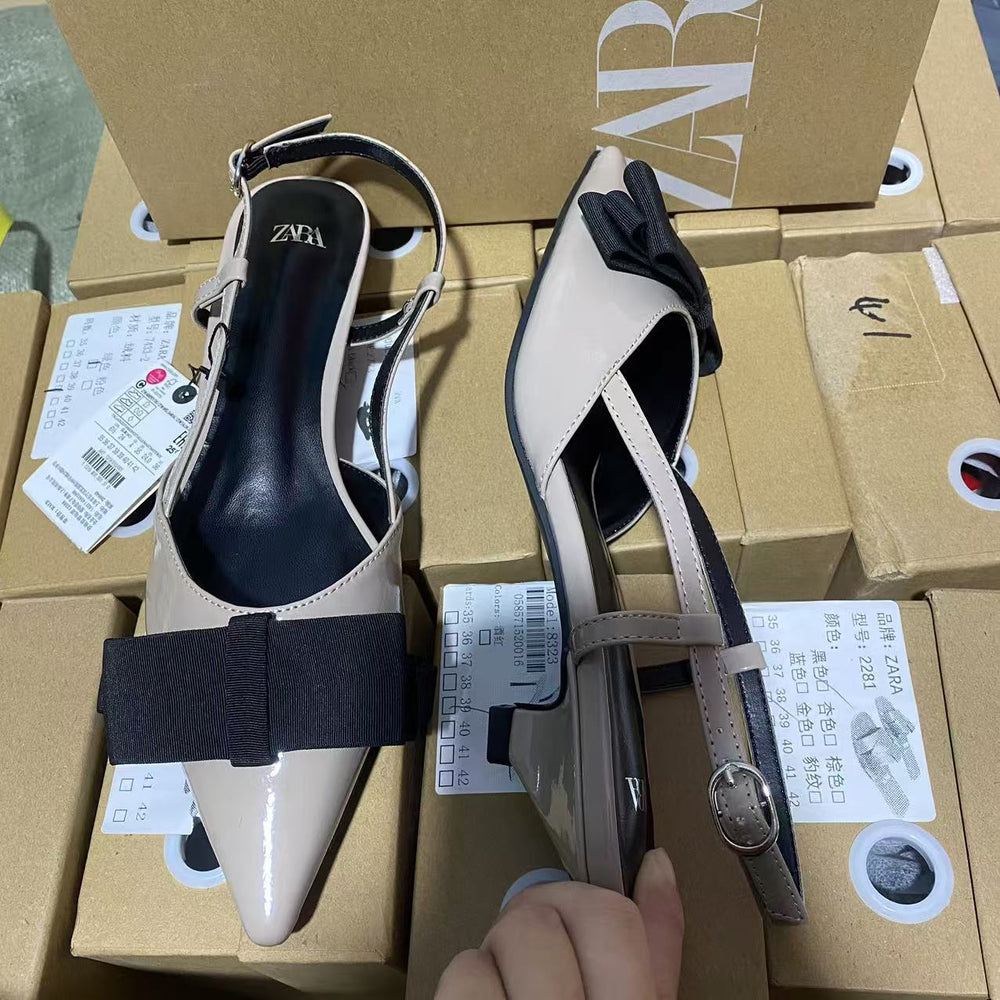 Za2024fall and winternew arrival color matching patent leather bows decorated mid-heeled shoes women's toe cap small fragrant style pointed toe flats sandals