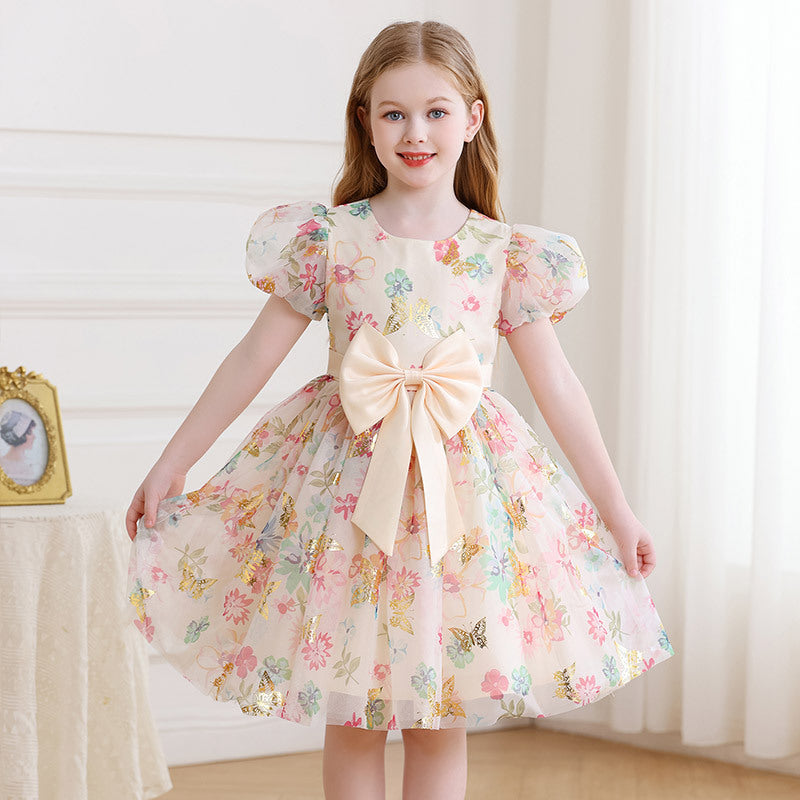 European and american style girls' chic butterfly princess dress - kids' puff sleeve sweet floral sundress for little girls