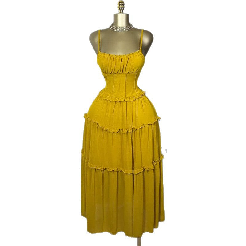 Fashion cross-border women's clothing  summer new style elegant holiday style waist-cinching fungus edge large skirt suspender dress