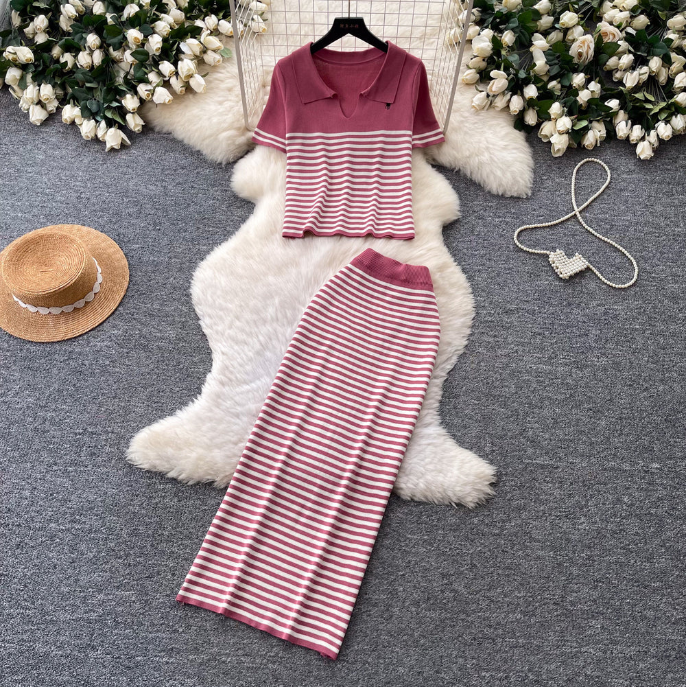 Frenchstripesknitting shirt high waist skirt two-piece set women's summer lazy work clothing styleelegantfashionsuit