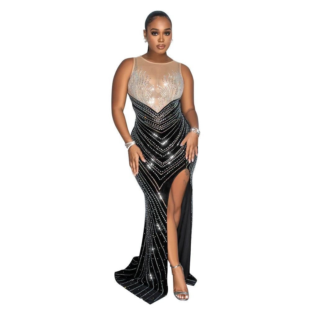 C6807 cross-border   fashion women's solid color round neck sleeveless rhinestone embellished maxi dress