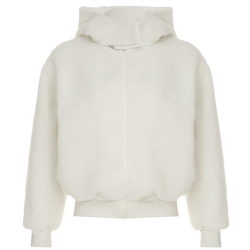 European and American fashion new autumn and winter warm jacket solid color plush turtleneck pocket zipper cardigan top  women