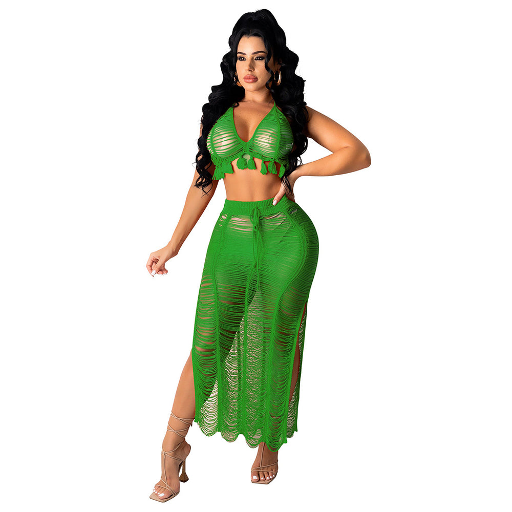 Amazon summer collection: european & american style sexy cutout tassel knit beach dress set - direct from the cross-border factory