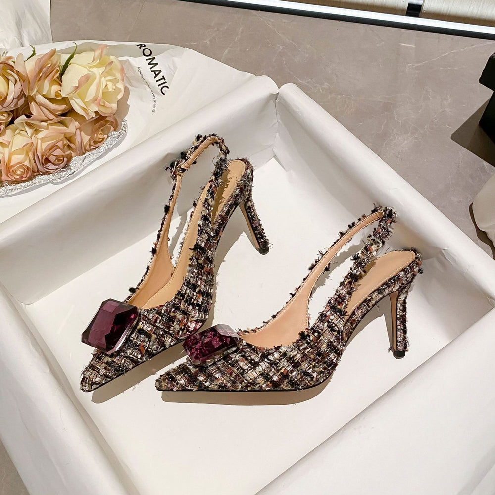 Wo huizhou 2026 new arrivalfashion tweed stylefashion baotou back hollow sandals thick woolen gemstone pointed toe thin heel