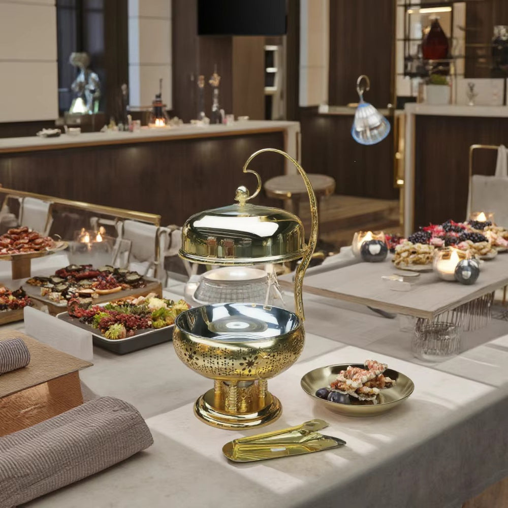 Gold round stainless steel buffet warmer - alcohol-fired buffet stove - ideal for hotels and restaurants