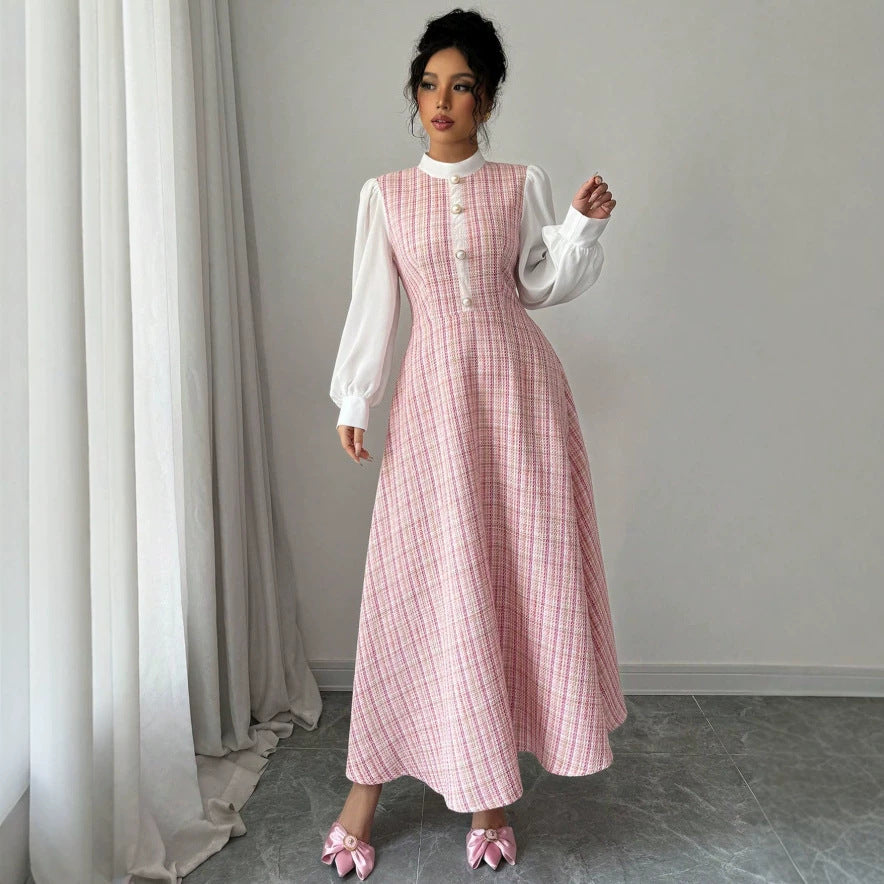 european and american new arrival: pink-toned vertical stripe chanel-inspired maxi dress with stand collar, chiffon bubble long sleeves, and pearl button detail